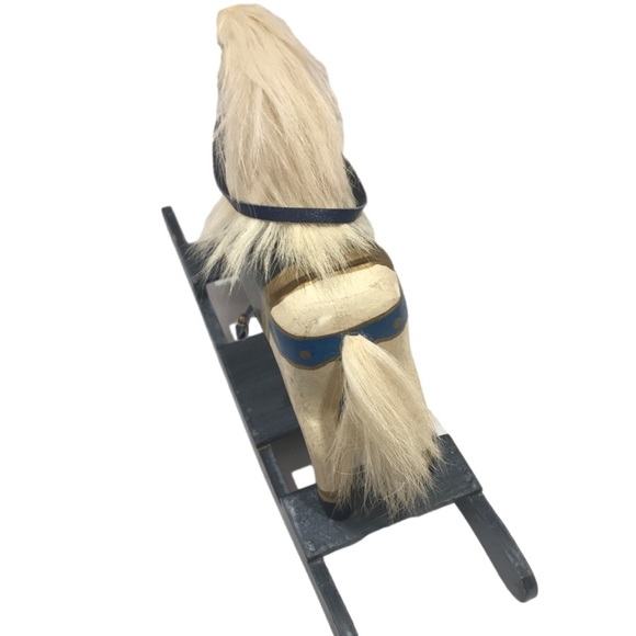 Vintage Shabby Chic Small Wooden Rocking Horse With Real Fur Mane - Picture 2 of 16
